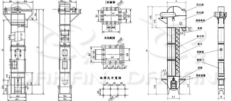 TD/D型斗式提升機(jī)基本結(jié)構(gòu):機(jī)頭蓋，機(jī)頭座，減速電機(jī)，直管，底座，緊張裝置等。