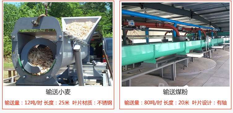 絞龍螺旋輸送機(jī)輸送小麥輸送量在12噸/時(shí)，長度為25米，葉片采用不銹鋼材質(zhì)；輸送水泥輸送量在80噸/時(shí)，長度為20米，葉片設(shè)計(jì)為有軸。