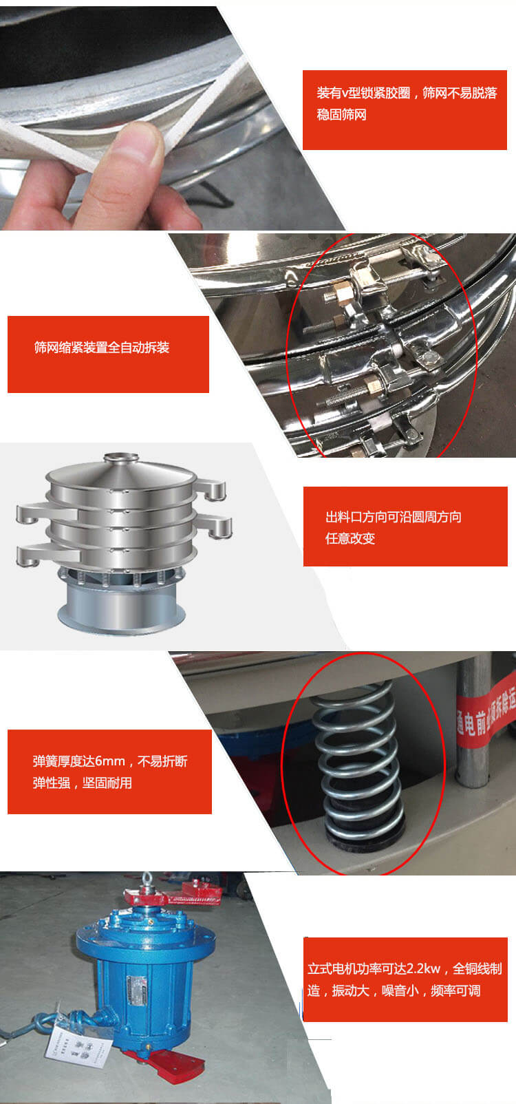 裝有V型鎖緊膠圈，使篩網(wǎng)不易脫落穩(wěn)固篩網(wǎng)，篩網(wǎng)鎖緊裝置，全自動(dòng)拆裝，出料口方向可沿圓周方向任意改變。彈簧厚度達(dá)6mm，不易折斷，彈性強(qiáng)，堅(jiān)固耐用。專(zhuān)業(yè)的振動(dòng)電機(jī)，全銅線(xiàn)制造，振動(dòng)大，機(jī)械噪音小，頻率可調(diào)。產(chǎn)品對(duì)比:材質(zhì)：大漢振動(dòng)篩廠家采用304不銹鋼材質(zhì)耐腐蝕性，耐熱性強(qiáng)。個(gè)別廠家采用其它金屬材質(zhì)，耐腐蝕性，耐熱性差蒸發(fā)緩慢，烘干效率較低。大漢振動(dòng)篩廠家采用金屬編織網(wǎng)，篩分精度高，效率高，篩網(wǎng)利用率高。