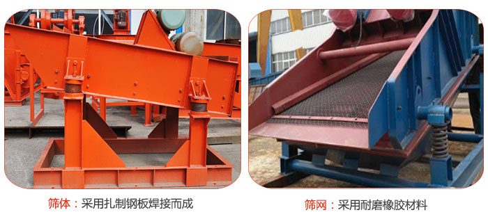礦用振動篩特點(diǎn)：篩體采用扎制鋼板焊接而成，篩網(wǎng)采用耐磨橡膠材質(zhì)
