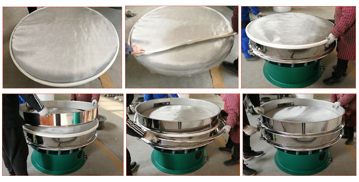 食品振動篩網(wǎng)安裝步驟3，將密封圈安裝到網(wǎng)架周圍，將篩框放到網(wǎng)架上，并利用束環(huán)將上下兩層篩框固定在一起。