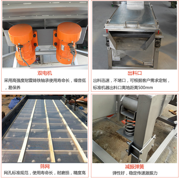 線振動篩配件優(yōu)勢：雙電機采用高強度耐震鑄鐵軸承使用壽命長，噪音低，易保養(yǎng)，出料口：出料迅速，不堵口，可根據(jù)客戶需求定制標(biāo)準(zhǔn)機器出料口離地距離500mm。篩網(wǎng)：網(wǎng)孔標(biāo)準(zhǔn)規(guī)范，使用壽命長，耐磨損，精度高。減震彈簧彈性好，穩(wěn)定傳遞激振力。