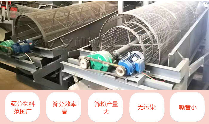 滾筒篩分機主要特點：篩分物料范圍廣，篩分效率高，篩分產(chǎn)量大，無污染，噪音小。