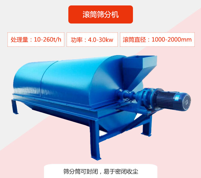 滾筒篩分機：處理能力：10-260t/h  功率：4.0-30kw 滾筒直徑：1000-2000mm 篩分筒可封閉，易于密閉收塵