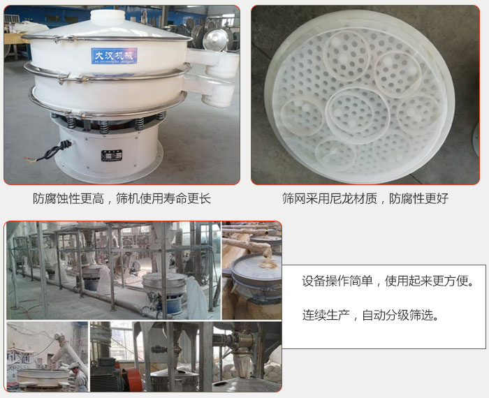 直徑1000型塑料振動篩特點：1，防腐蝕性更高，篩機使用壽命更長.2，篩網(wǎng)采用尼龍材質(zhì)，防腐性更好，3，設(shè)備操作簡單，使用起來更方便。4，連續(xù)生產(chǎn)，自動分級篩選。