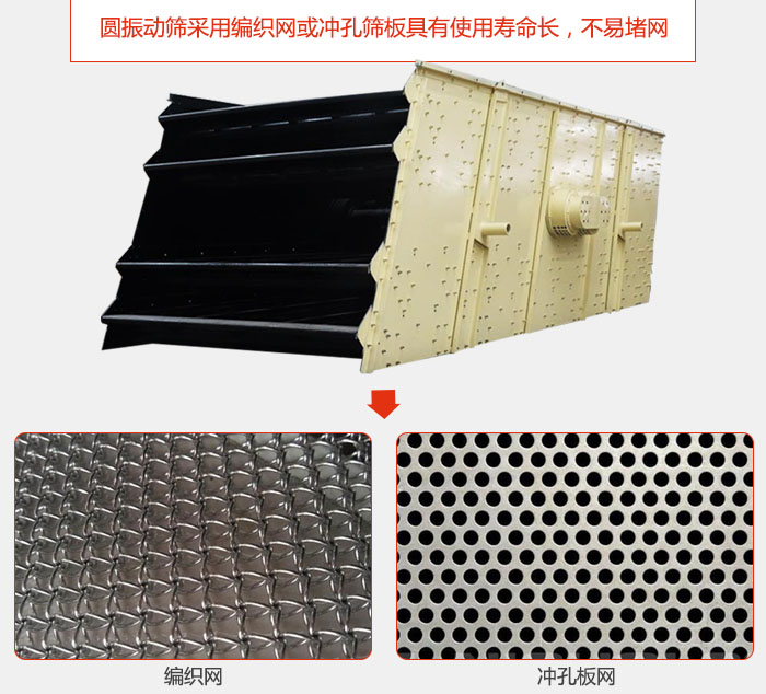 圓振動篩采用編織網(wǎng)或沖孔篩板具有使用壽命長，不易堵網(wǎng)。