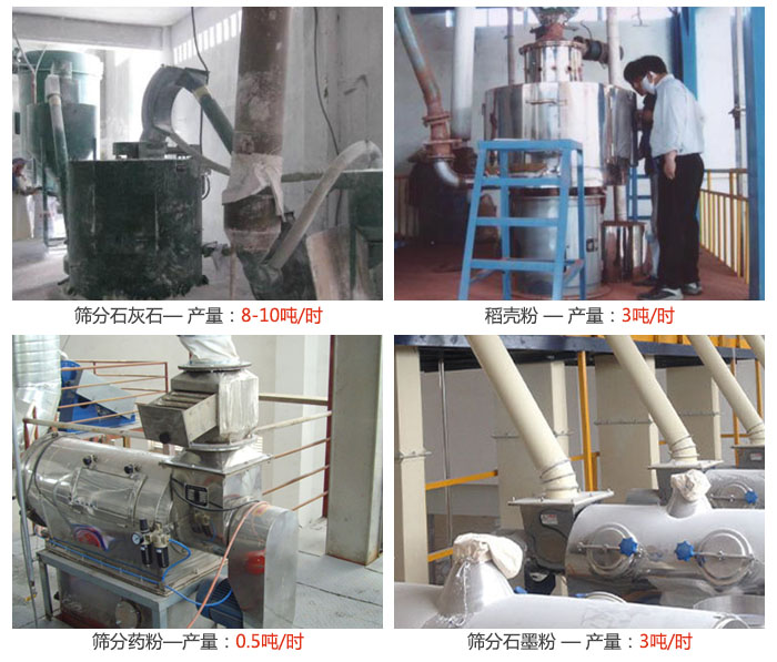 氣旋篩分機篩分石灰石，藥粉，石墨粉，稻殼粉等案例現(xiàn)場