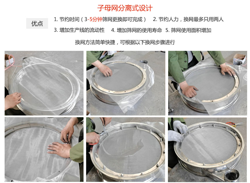 大漢振動(dòng)機(jī)械換網(wǎng)優(yōu)勢(shì)：1，節(jié)省時(shí)間（3-5分鐘篩網(wǎng)更換即可完成）2，節(jié)省人力，換網(wǎng)只有兩人。3.增加生產(chǎn)線(xiàn)的流暢性。4.增加篩網(wǎng)壽命，彈跳球不直接撞擊子網(wǎng)。5.篩網(wǎng)使用面積增加。