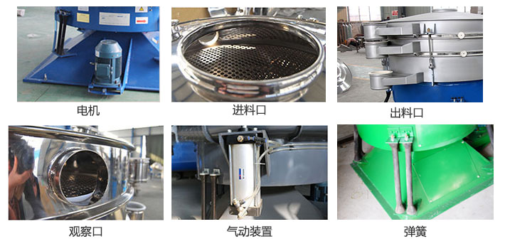 搖擺篩分機(jī)由進(jìn)料口，出料口，觀察口，電機(jī)，彈簧，氣動(dòng)裝置等部件組成