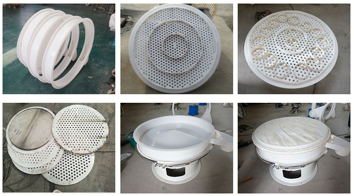 塑料防腐旋振篩配件：振動篩底座，篩框，防塵蓋，篩網(wǎng)，振動電機座。