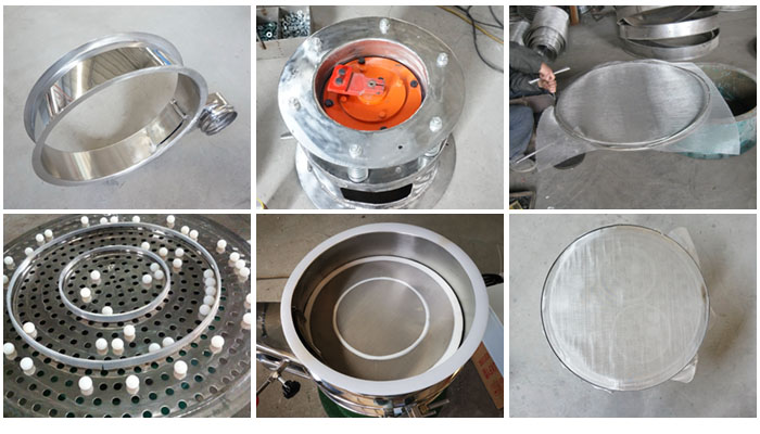 不銹鋼小型振動篩細節(jié)：振動篩篩框，振動電機座，篩網(wǎng)，彈跳球，密封圈，篩網(wǎng)網(wǎng)架。