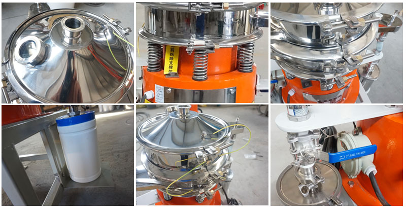 氣體保護(hù)超聲波振動(dòng)篩細(xì)節(jié)：控制閥，料罐，篩網(wǎng)。