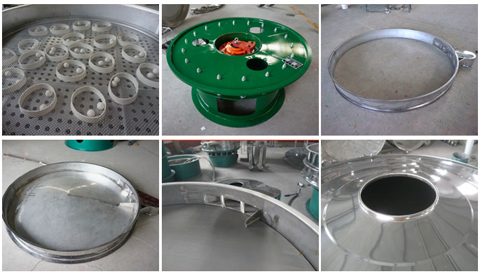 大型旋振篩細(xì)節(jié)：大型旋振篩篩網(wǎng)，大型旋振篩篩框，大型旋振篩防塵蓋。