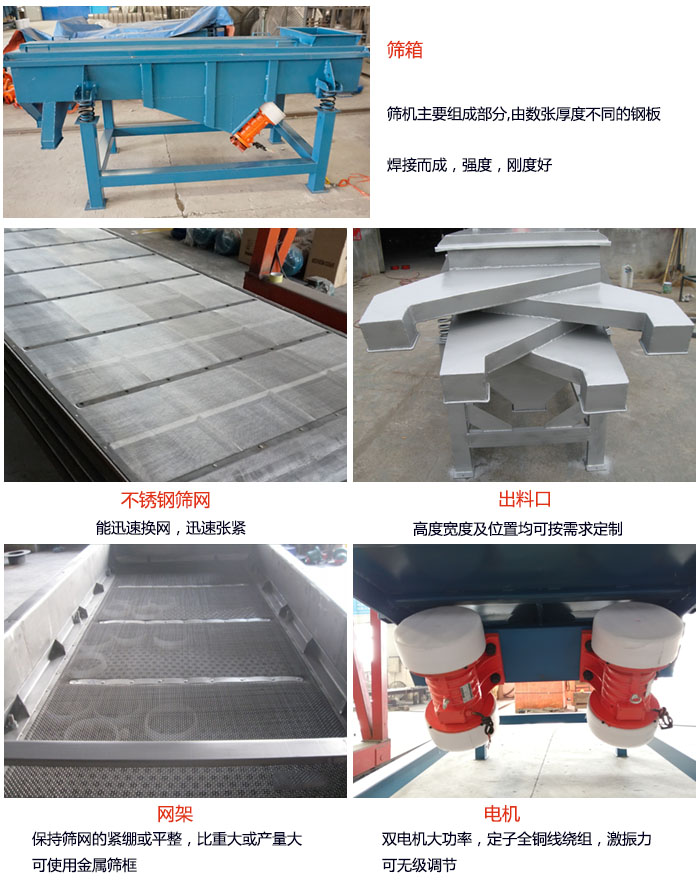 520型直線振動(dòng)篩結(jié)構(gòu)：篩箱：篩機(jī)主要組成部分，由數(shù)張厚度不同的鋼板焊制而成，強(qiáng)度，剛度好。不銹鋼篩網(wǎng)：能迅速換網(wǎng)，迅速張緊。電機(jī)：雙電機(jī)大功率，定子全銅線繞組，激振力可無極調(diào)節(jié)。網(wǎng)架：保持篩網(wǎng)的緊繃和平整，比重大或產(chǎn)量大時(shí)可使用金屬篩框。出料口：高度寬度及位置均可按照用戶的要求來定制。