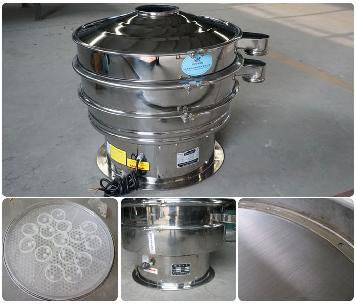 1000型全不銹鋼振動(dòng)篩細(xì)節(jié)展示：振動(dòng)篩網(wǎng)，震動(dòng)篩底座，振動(dòng)篩篩網(wǎng)。