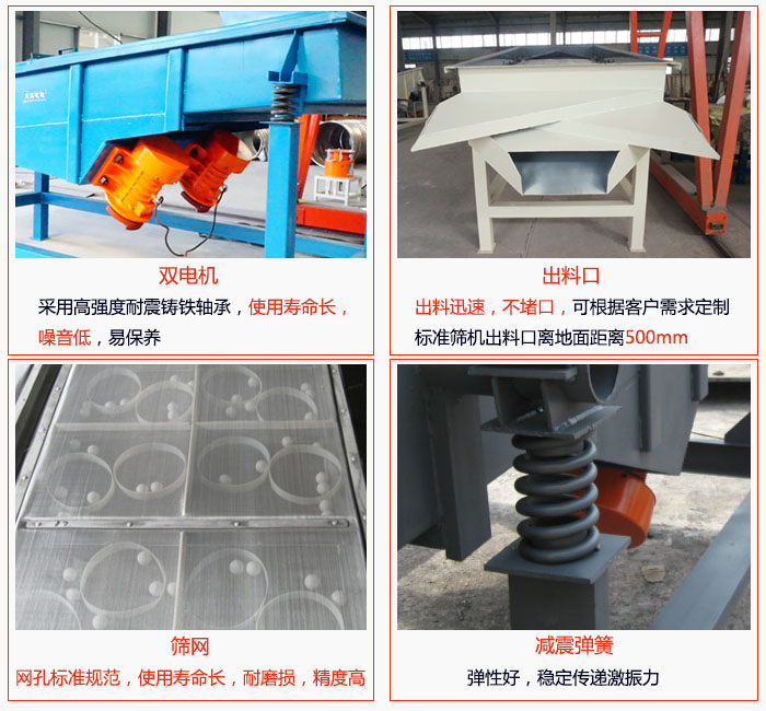 1030直線振動(dòng)篩雙電機(jī)采用高強(qiáng)度耐震鑄鐵軸承使用壽命長(zhǎng)、噪音低，易保養(yǎng)；出料口排料迅速，不堵口，可根據(jù)客戶需求定制，標(biāo)準(zhǔn)機(jī)器出料口離地面距離500mm;篩網(wǎng)網(wǎng)孔標(biāo)準(zhǔn)規(guī)范、使用壽命長(zhǎng)，耐磨損、精度高；減震彈簧：彈性好，穩(wěn)定傳遞激振力。