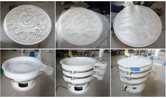 安裝塑料網(wǎng)架的空心U形網(wǎng)架，安裝清網(wǎng)裝置（擋球環(huán)和彈跳球），細(xì)網(wǎng)安裝到網(wǎng)架和清網(wǎng)裝置上面；安裝底框，將裝好的網(wǎng)架放到地框上再放一層篩框，安裝束環(huán)與防塵蓋，雙層塑料振動篩安裝完畢