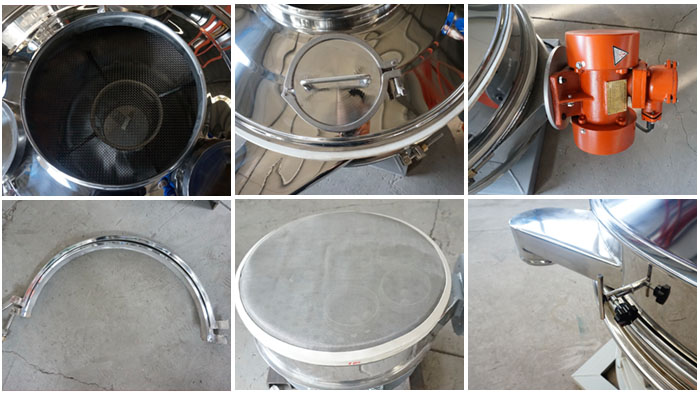 單振源直排篩細(xì)節(jié)展示：防塵蓋，振動(dòng)源，振動(dòng)篩網(wǎng)，大束環(huán)，控制開關(guān)等。