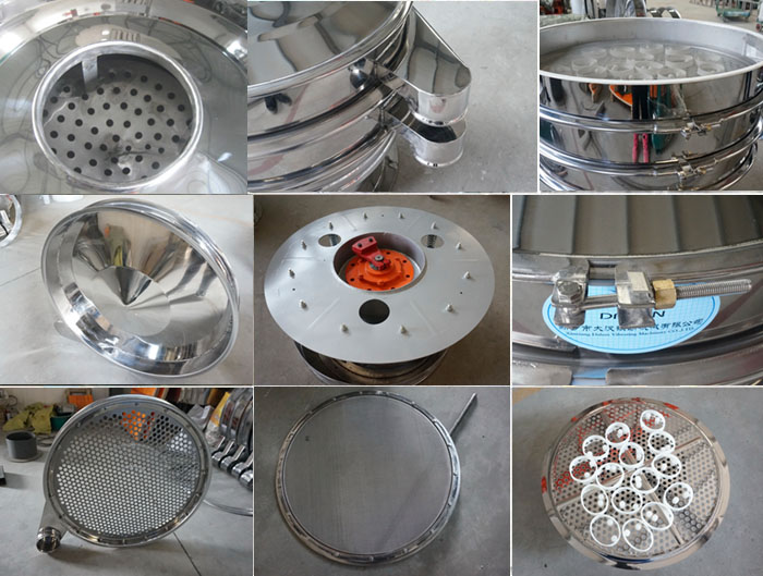 里外剖光振動篩細節(jié)：防塵蓋拋光效果，篩框拋光效果，振動篩底座拋光效果，振動篩網(wǎng)架拋光效果等。