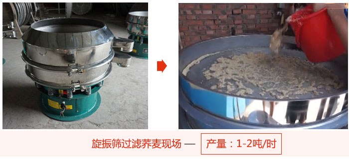 旋振篩過濾蕎麥現(xiàn)場，產(chǎn)量可達2噸每小時。