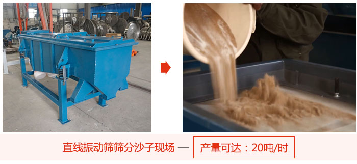 直線振動篩篩分沙子現(xiàn)場展示，產(chǎn)量高達20噸每小時。