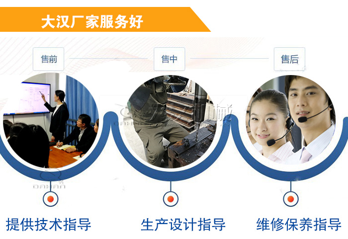 大漢廠家服務(wù)流程：售前-售中-售后：提供技術(shù)指導(dǎo)，生產(chǎn)設(shè)計指導(dǎo)，維修保養(yǎng)指導(dǎo)。