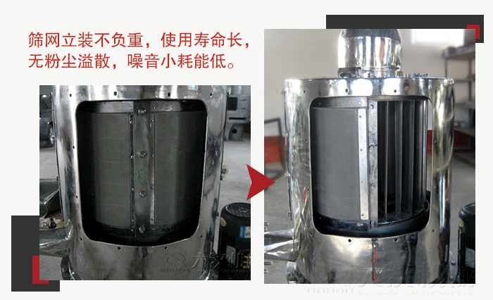 氣流篩采用立式篩網(wǎng)，不受物料的沖擊力的影響，篩網(wǎng)使用壽命長