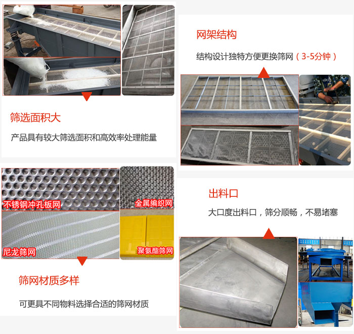 多層直線振動(dòng)篩篩選面積大，網(wǎng)架結(jié)構(gòu)方便篩網(wǎng)更換，篩網(wǎng)可選：不銹鋼沖孔板，金屬編織，尼龍篩網(wǎng)，聚氨酯篩網(wǎng)等。