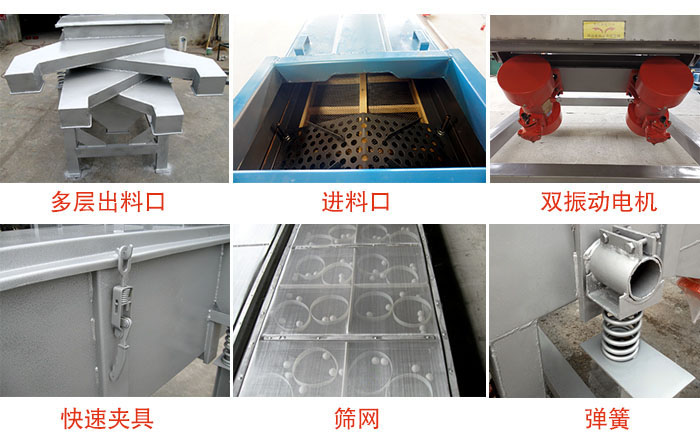 多層直線振動(dòng)篩出料口，篩網(wǎng)，彈簧，快速夾具，振動(dòng)電機(jī)等