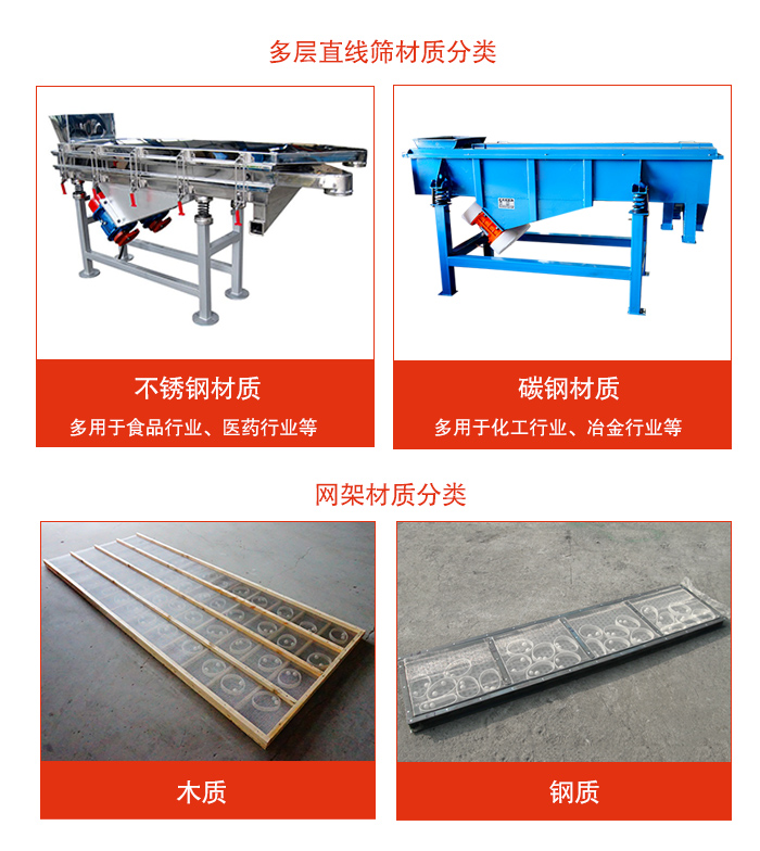 多層直線振動(dòng)篩材質(zhì)有：不銹鋼，碳鋼；網(wǎng)架材質(zhì)有木質(zhì)，鋼質(zhì)等。