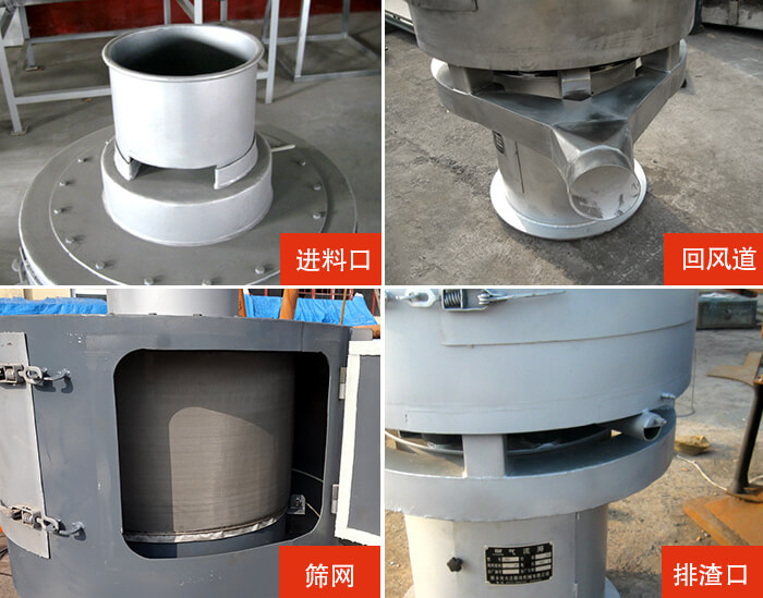氣流篩分機(jī)進(jìn)料口，回風(fēng)道，篩網(wǎng)，排渣口。