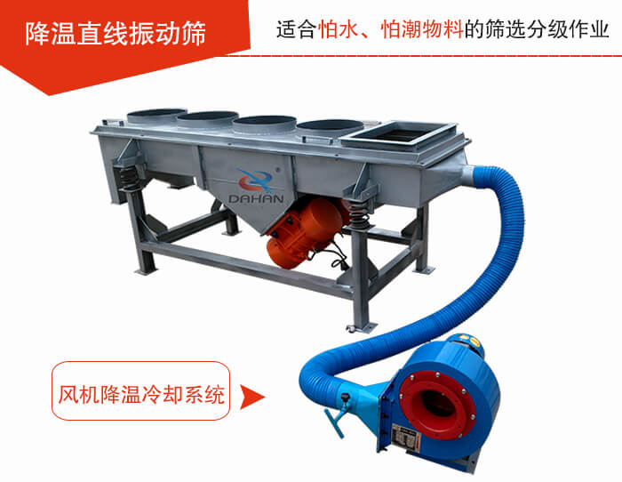 降溫直線振動篩加裝風(fēng)機或水箱降溫方式完成物料的降溫需求。