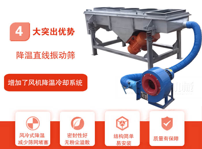 降溫直線振動篩性能特點：1，技術(shù)成熟，質(zhì)量可靠，篩分精度高，處理量大。2，風(fēng)冷式降溫系統(tǒng)設(shè)計，快速有效降溫。3，適用范圍廣，可應(yīng)用于各種需要降溫的物料。4，設(shè)計精巧合理，結(jié)構(gòu)簡單，易安裝，耗能少，噪音低5，篩網(wǎng)使用壽命長，換網(wǎng)更方便，快捷6，設(shè)備整體密封性好，無粉塵溢散。