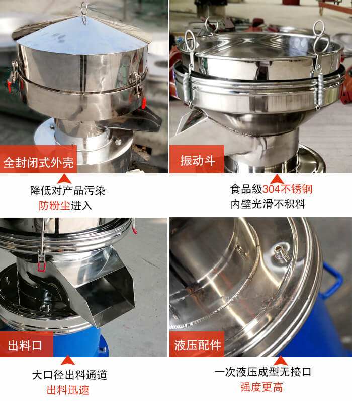 450過濾篩機(jī)結(jié)構(gòu)組成：全封閉式外殼設(shè)計：對產(chǎn)品的污染低，防塵粉進(jìn)入電機(jī)內(nèi)部延長設(shè)備壽命。振動斗：食品304不銹鋼篩斗，內(nèi)壁光滑不存在積料現(xiàn)象。出料口，大口徑出料通道，出料迅速，提高工作效率。液壓配件：一次液壓成型無接口強(qiáng)度更高。