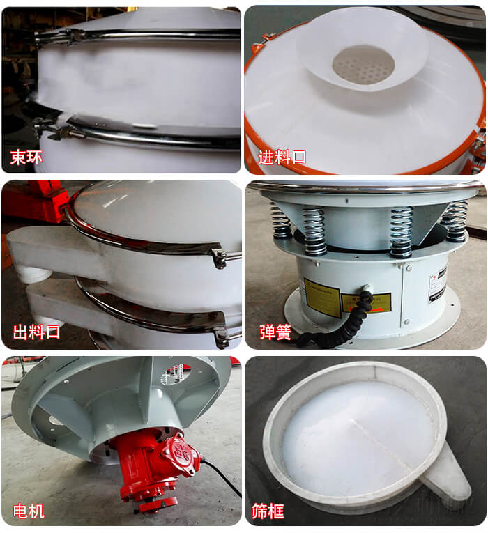塑料防腐蝕振動(dòng)篩細(xì)節(jié):進(jìn)料口，框體，網(wǎng)架底框，出料口等。