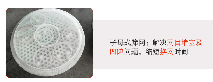 塑料防腐蝕振動(dòng)篩采用子母扣式網(wǎng)架可安裝彈跳球進(jìn)行清網(wǎng)，解決篩網(wǎng)堵塞問(wèn)題。