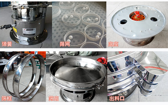 細節(jié)展示：篩框，篩網(wǎng)，振動底座，振動體，出料口。