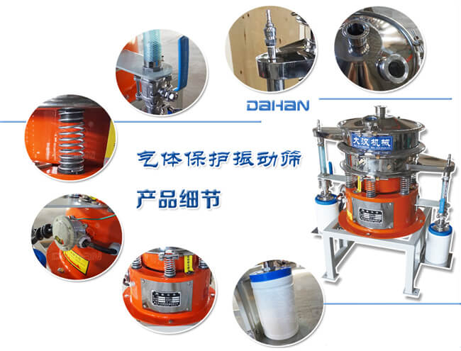 氣體保護(hù)振動(dòng)篩細(xì)節(jié)：振動(dòng)彈簧，手動(dòng)閥門，料罐等。