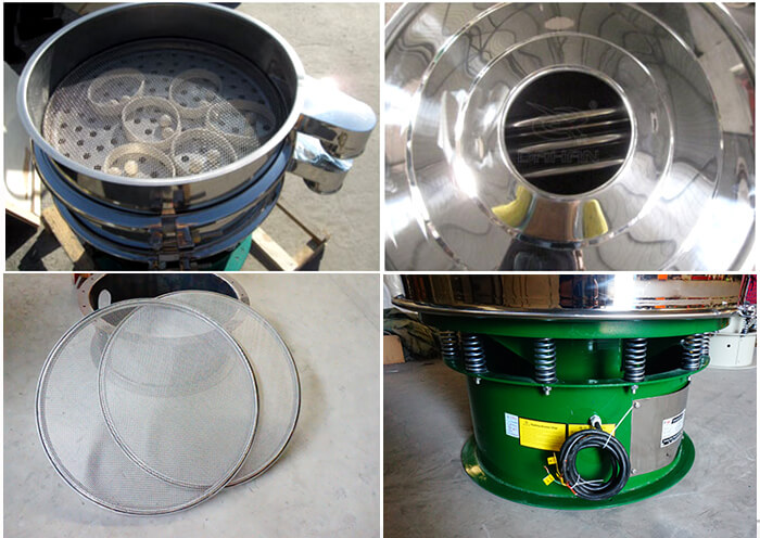 單層振動篩細節(jié)：篩網(wǎng)，進料口，振動彈簧，彈跳球。