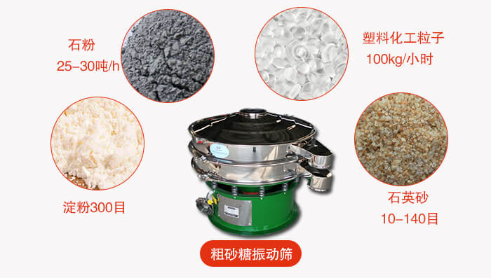 　粗砂糖振動篩更多適用范圍:食品行業(yè)，化工行業(yè)，制藥行業(yè)，行業(yè)，冶金行業(yè)等。